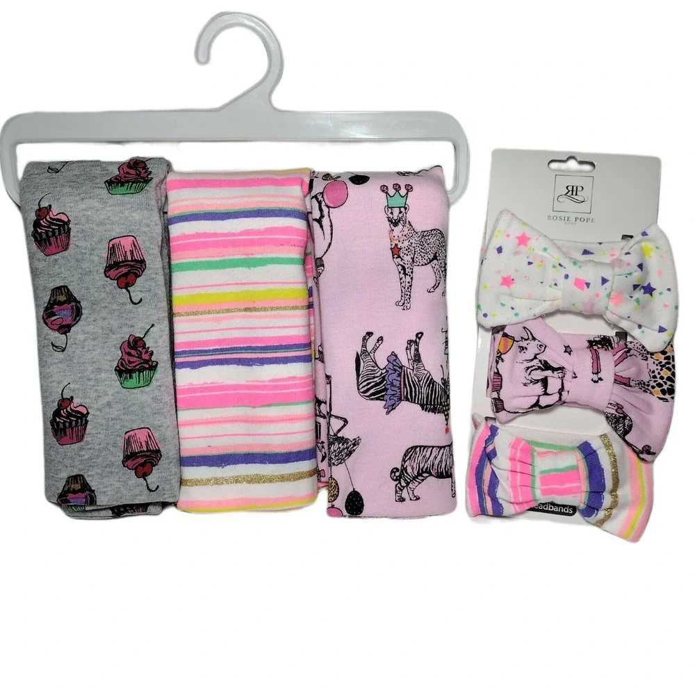 ROSIE POPE 3pc Party Animal Cupcake Swaddle Blanket Headband Lot Bow Cotton‎ NEW